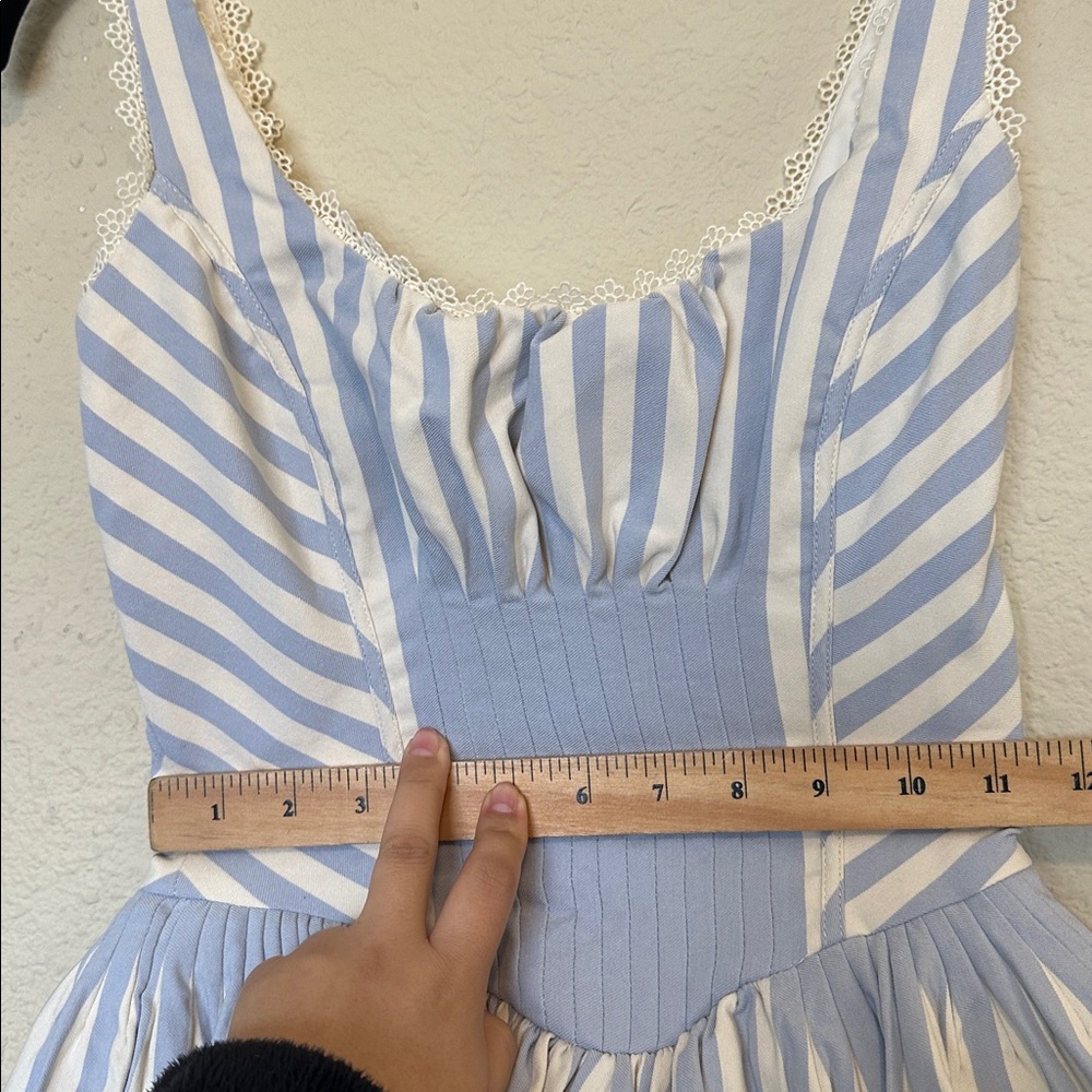 HOUSE OF CB ' Liesl Blue striped pintucked mini Dress NWOT  blue sz XS Tall long - Picture 9 of 16